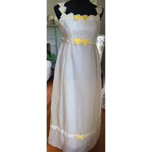 Vtg 70s Womens Size Sm Yellow Polka Dot Swiss Organdy Dress Lace Bridesmaid